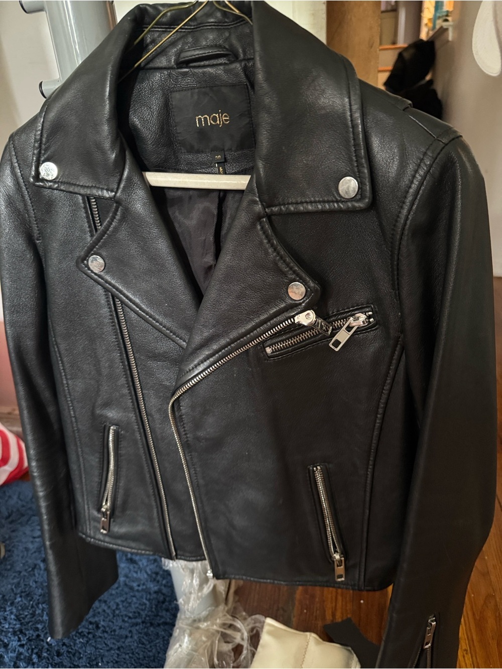 Maje Black Leather Biker Jacket with Silver Hardware